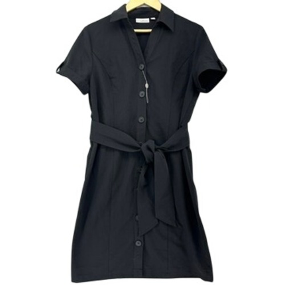 ICO Uniforms Stylo Black Button‎ Front Belted Shirt Dress SZ L Minimalist Retro